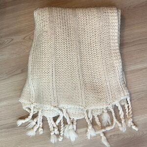 Pottery Barn Knit Throw Blanket Cream Tassels 60X41” Cozy Warm Fall Winter